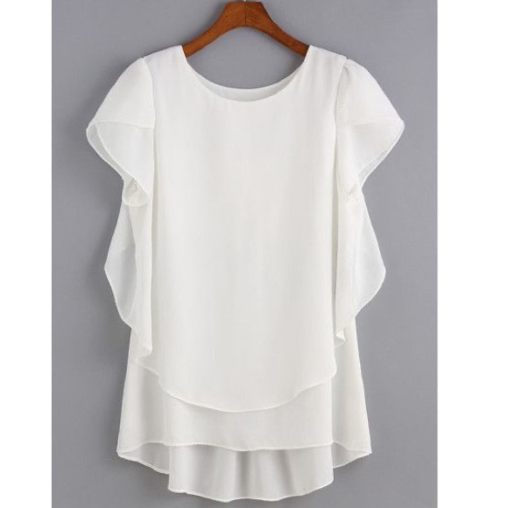 SHEIN Round Neck High Low Chiffon White Blouse